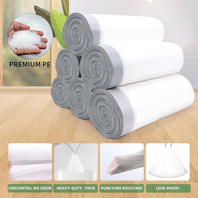 270 Count Heavy-Duty Trash Bags Compatible with SONGMICS 8-Gallon (30L) Trash Can Pre-Separated Drawstring Kitchen Garbage Bags Ideal for Home &amp Office 19.9 x 29.1 Inches 6 Rolls White
