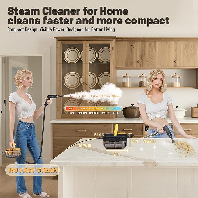 Gautye Steam Cleaner 3-Level Adjustable Handle 15s Heat-Up 1.69 Quarts Tank Portable Steamer for Cleaning with 11 pcs Accessories Steam Cleaner for Home for Dirt Grease Grout