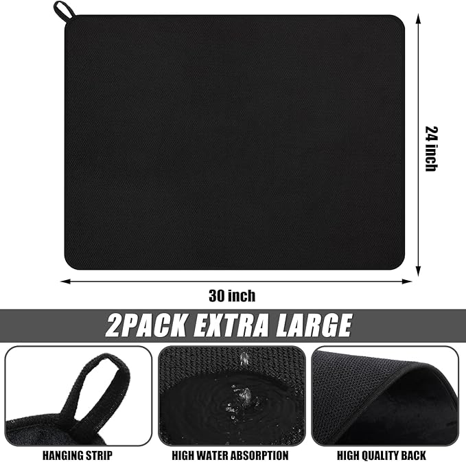 Hushee 2 Pack Extra Large Dish Drying Mat Microfiber Absorbent Dish Drying Pad Large Size Dishes Drainer Mats for Countertop Sink Refrigerator or Dryer (30 x 24 InchBlack)