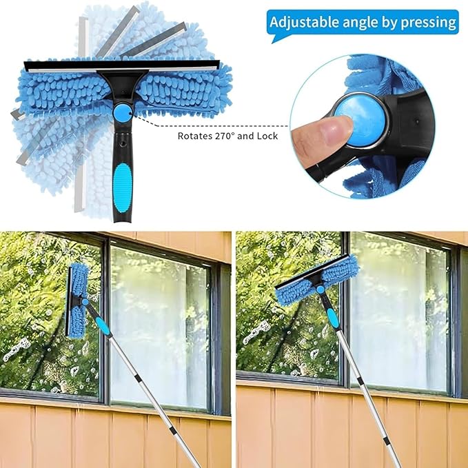 Double-Sided Window Cleaning Tool for Glass Surfaces High-Rise Reach Scraper with Stainless Steel Blade Ergonomic Handle for Easy Use 41 x 14 x 6 cm Silver and Blue(B)