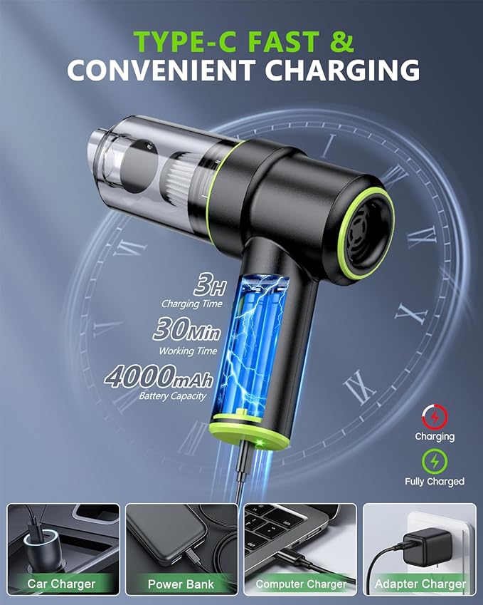 CODN Handheld Car Vacuum Portable Cordless 12000PA 2 in 1 Handheld Vacuum Cleaner and Air Duster with Multi-Nozzles and LED Light Mini Hand Held Vacuum Rechargeable for Home Car Office Pet Hair