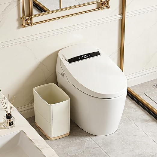 Polytree Bathroom Trash Can 1.8 Gallon(7 Liter) Small Kitchen Garbage CanDecor Wastebasket for Bedroom OfficeResin Hand-Carved Leather Beige