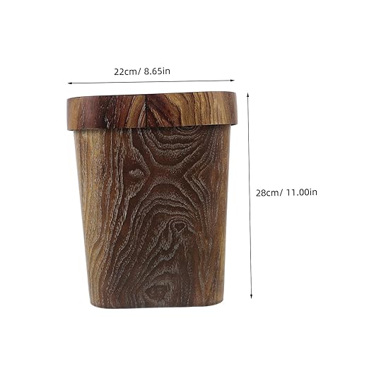 Square Trash Can with Faux Wood Grain Pattern Lidless Plastic Wastebasket with Removable Press Ring for Convenient Bag Attachment Rustic Vanity Waste Bin for Office Bedroom Kitchen