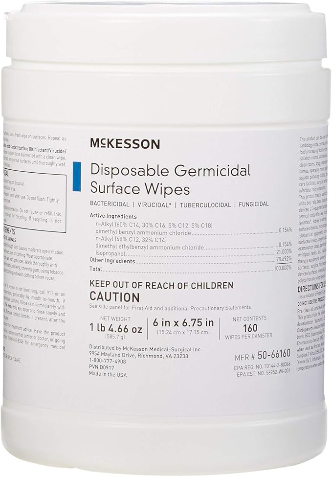 McKesson Germicidal Surface Wipes Pre-Moistened Alcohol Cleaning Wipes for Hard Surfaces Non-Woven Cloth - 6 in x 6 3/4 in 160 Wipes 1 Pack 1 Count (Pack of 160)