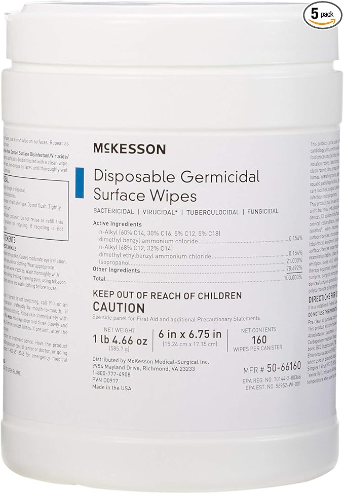 McKesson Germicidal Wipes [1920 Count] Disinfecting Wipes Alcohol Cleaning Disinfectant Wipes Hospital Grade Multi-Surface Wipes 160 Wipes 12 Pack