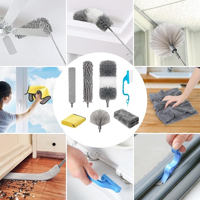 Microfiber Duster Kit 23pcs with 30 to 100 Inches Extension Pole and Extendable Window Squeegee Washable and Bendable Feather Duster for Cleaning Ceiling Fans High Ceilings Cobwebs Blinds
