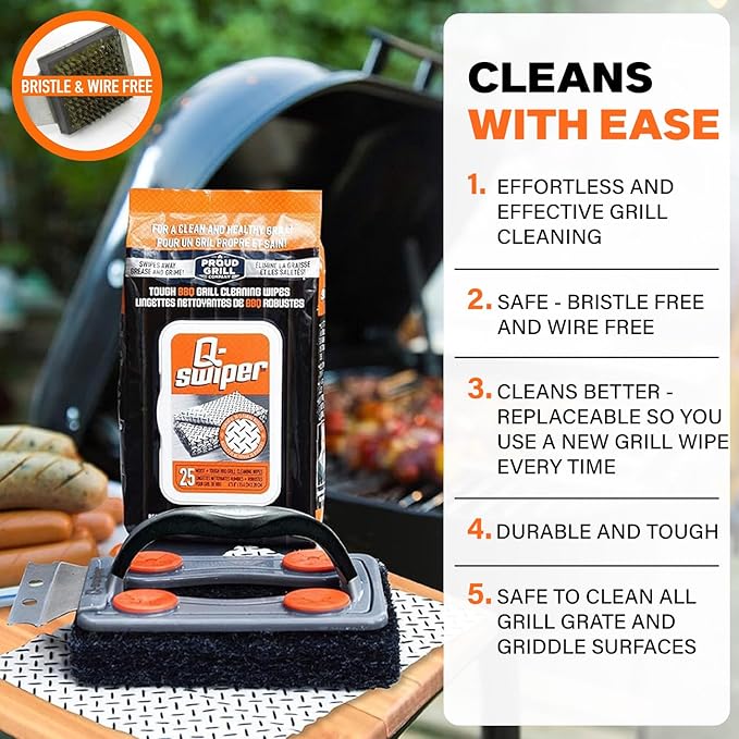 Proud Grill Q-Swiper Grill Cleaner Set - Bristle &amp Wire-Free Brush with Scraper &amp 80 Moist Wipes - BBQ Smoker Cleaner Kit Safe for Outdoor Griddle Grates Grease &amp Grime Remover Barbecue