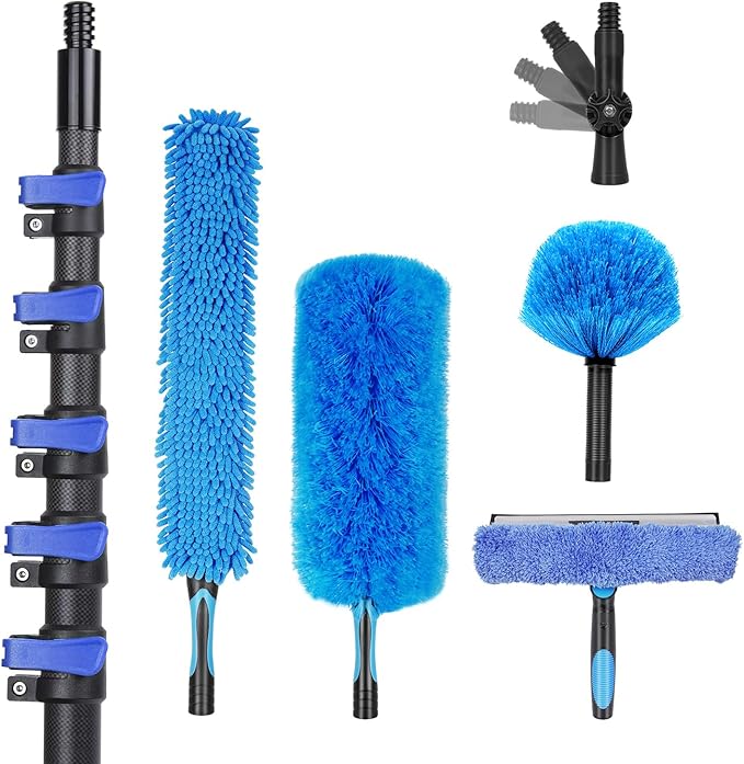 30 Foot High Ceiling Duster Kits with 4.7-24 FT Carbon Fiber Extension Pole Feather Duster Cobweb Duster Ceiling Fan Duster Window Squeegee &amp Cleaner with Pole 24 Ft