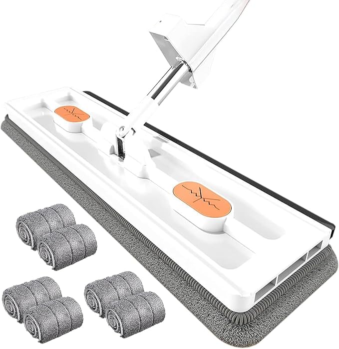 2024 New Large Flat Mop for Wet and Dry Use 54 Adjustable Stainless Steel Long Handle with 2 Washable Microfiber Pads 360 Rotating Dust Mop 12027(White Mop+Bucket with 6 Mop Pads)
