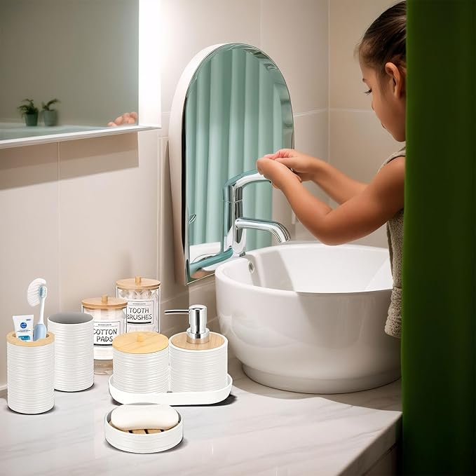 IMAVO Bathroom Accessory Set-11Pcs White Bathroom Accessories Set with Trash CanSoap DispenserSoap DishToothbrush HolderToothbrush CupToilet Brush HolderQtip Holder Dispenser with Labels