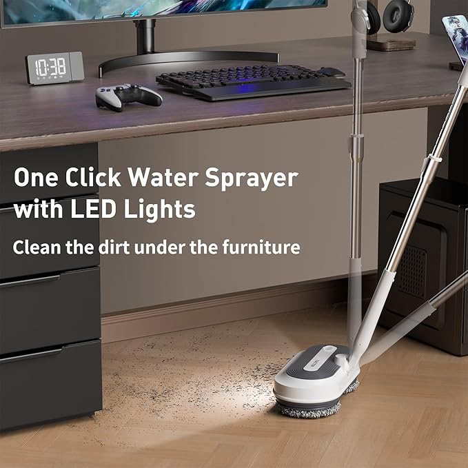 Cordless Electric Spin Mop Electric Floor Cleaner with Water Sprayer &amp LED Headlight 50mins Working Time 290ml Water Tank Adjustable Tube Self-Propelled Multi-Surfaces Floor Mop for Home Clea