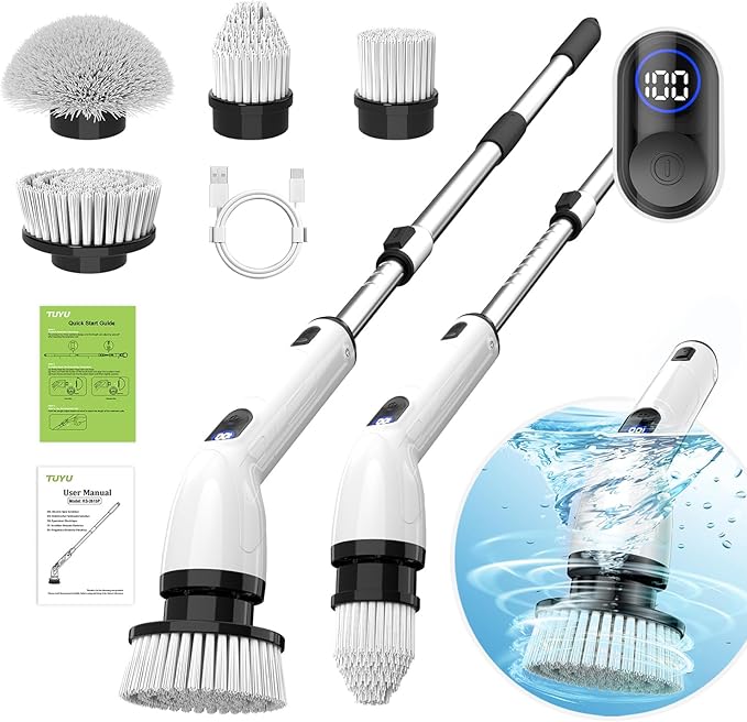 TUYU Electric Spin Scrubber Full-Body IPX7 Waterproof Bathroom Scrubber with Power LCD Display Adjustable Extension Handle Cordless Shower Cleaner Brush for Bathtub Kitchen Wall Cleaning