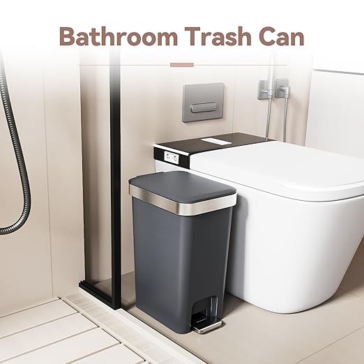 Small Bathroom Trash Can with Lid Soft Close 10 Liter/2.6 Gallon Slim Garbage Can-Metal Step and Press top Lid Mini Modern Waste Basket for Toilet Office BedroomDormDark Gray