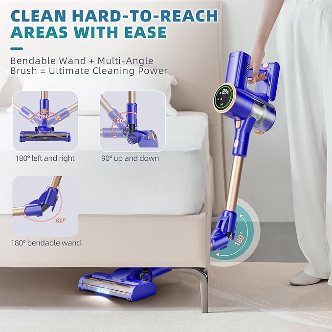 Cordless Vacuum Cleaner 180° Bendable Wand Stick Vacuum Cleaners with LED Touch Screen 8-in-1 Lightweight Rechargeable Vacuum with 1.5L Dust Cup for Home Hard Floor Low-Pile Carpet