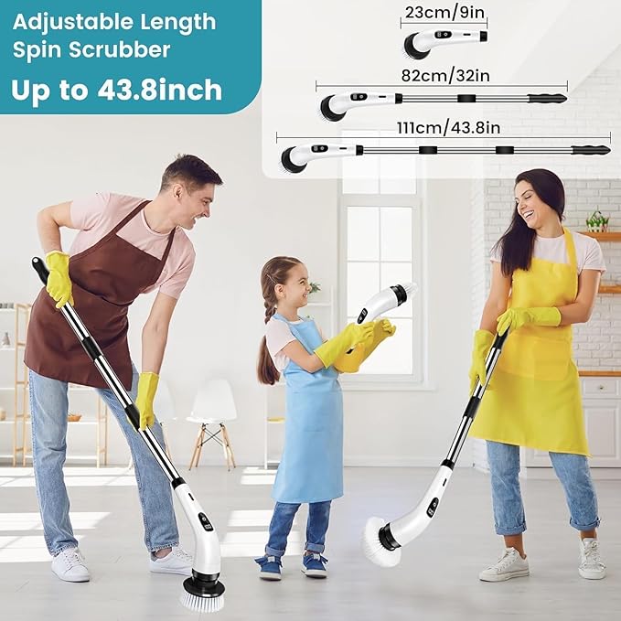 7-in-1 Electric Spin Scrubber 25W Powerful Cordless Cleaning Brush with Adjustable Handle &amp 7 Replaceable Heads for Bathroom Floor Tile Kitchen &amp Car