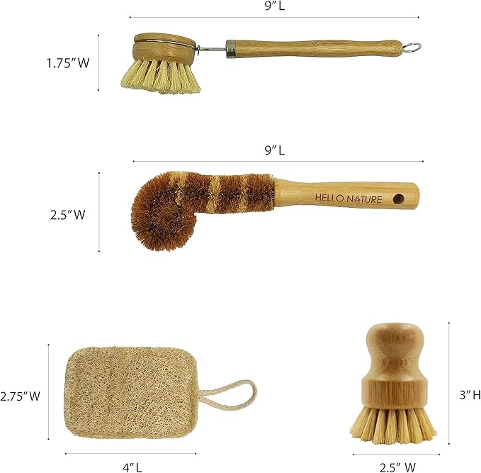 Plant-Based 6pcs Kitchen Brush Set by HELLO NATURE Sustainable &amp Biodegradable Natural Fibre Bamboo Dish BrushBottle BrushPot Brush &amp 3 Natural Loofah Sponges Zero-WastePlastic Free Kitch