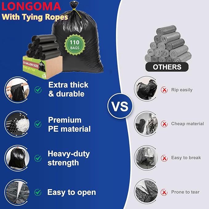30-33 Gallon Trash Bags 110 Count Black Heavy Duty Garbage Bags 1.7 MIL 31.5 x 39.4 Large Multipurpose For Home Commercial Construction Outdoor Yard