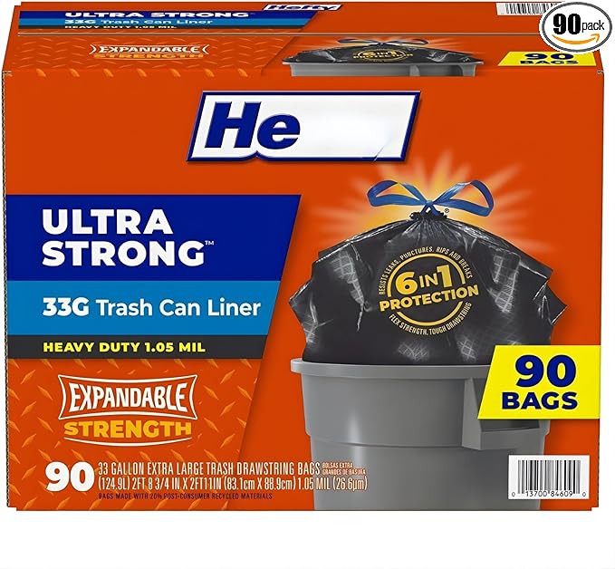 Ultra Strong 33 Gallon Trash Bags – Heavy Duty Tear-Resistant Garbage Liners (90 Pack)