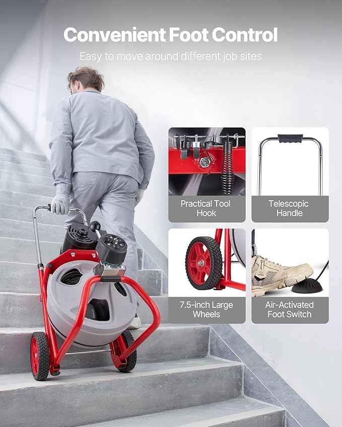 VEVOR Drain Cleaner Machine 75 FT x 3/8 Inch Auto Feed Sewer Snake Drain Auger on Wheels Portable Drain Cleaning Machine with 8 Cutters &amp Air-Activated Foot Switch for 2 to 4 Pipes