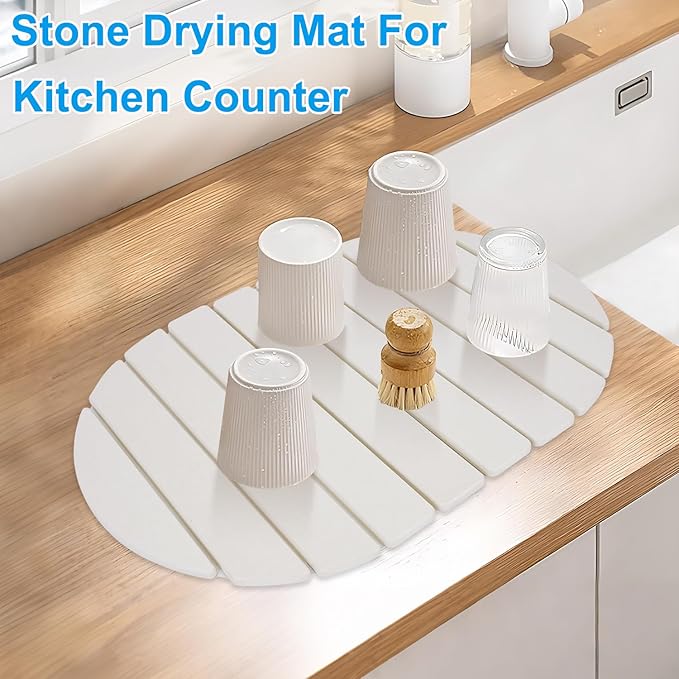 Stone Drying Mat for Kitchen Counter: 24x16 Large Foldable Diatomaceous Earth Dish Drying Mat Super Absorbent &amp Heat-Resistant Quick Dry for Dishes Bottles Cups with 2 Stone Coasters