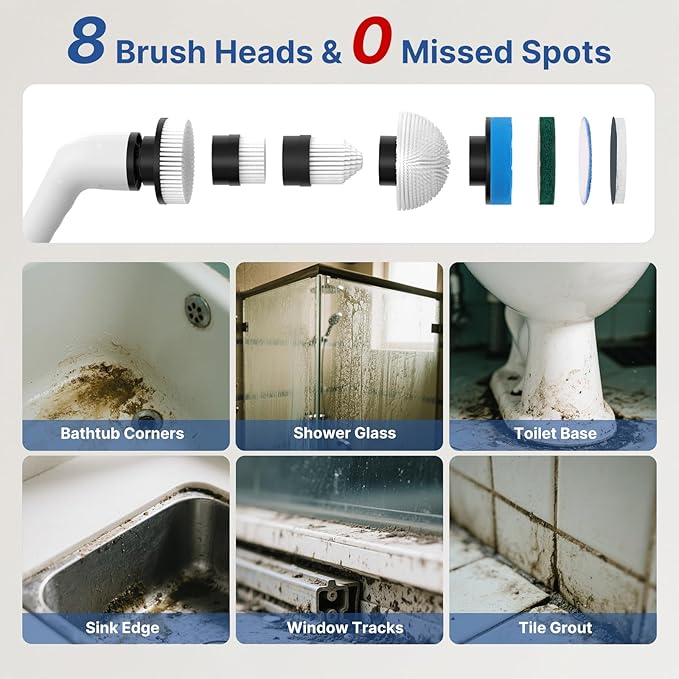8 in 1 Electric Spin Scrubber for Cleaning Bathroom 3000mAh Power Scrubber Cordless Cleaner with Long Handle 3 Speeds Bathtub House Clean Brush Deep Cleaning for Tile Shower Wall Floor