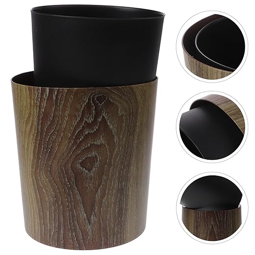 Housoutil Imitation Wood Grain Trash Can 8L Large Capacity Round Wastebasket Sturdy Kitchen and Bathroom Garbage Bin for Home Office Hotel Use