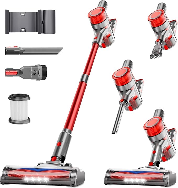 Cordless Vacuum Cleaner Powerful Stick Vacuum Cleaner for Home with Rechargeable Battery 6-in-1 Lightweight Handheld Vacuum 45 Mins Runtime for Hardfloor &amp Carpets Pet Hair (red)