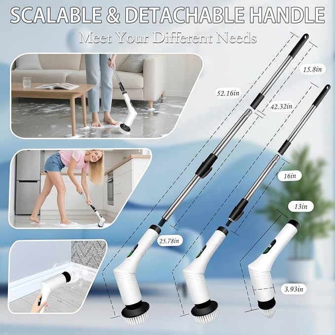Spin Scrubber9-In-1Multifunctional Cleaning Brush with Detachable Handle9 Replaceable Brush Heads&ampLCD DisplayRechargeable Electric Spin Scrubber for BedroomBathroomKitchenCar