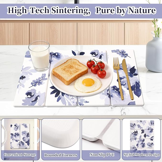 3 PCS Stone Dish Drying Mat for Kitchen Counter Quick Dry Foldable Stone Dishes Mats Water Absorbing Diatomaceous Earth Drying Organizer for Dishes Bottles Cups and Tableware (Blue)
