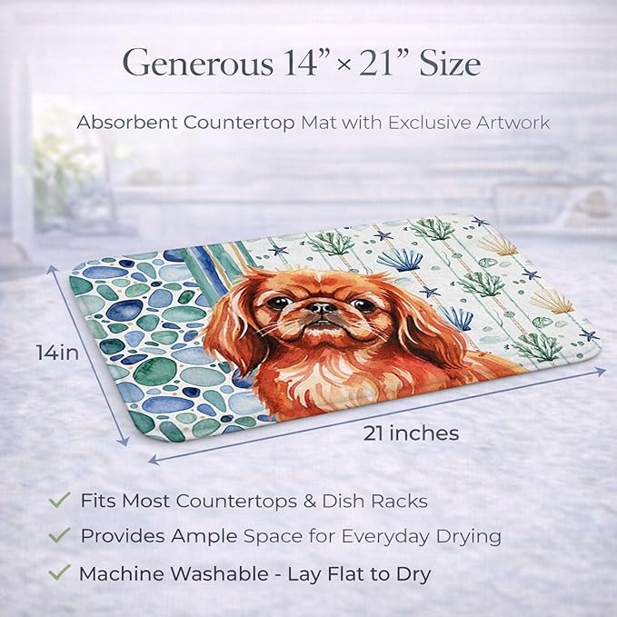 Caroline's Treasures Red Pekingese Coastal Sea Glass Dish Drying Mat Absorbent Dish Drying Mat Pad for Kitchen Counter Dish Drainer Mat for Countertop 14 x 21 Multicolor