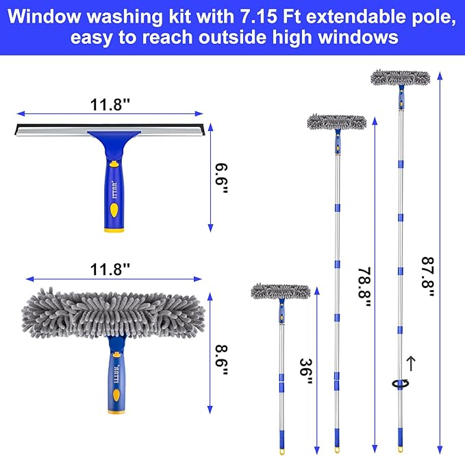 ITTAR Professional Window Cleaning Squeegee Kit 7.15 Ft High Reach Cleaner Tool Rotatable Window Washing Equipment with Extension Pole for Indoor/Outdoor Window Glass Car 1 Blade 2 Scrubber