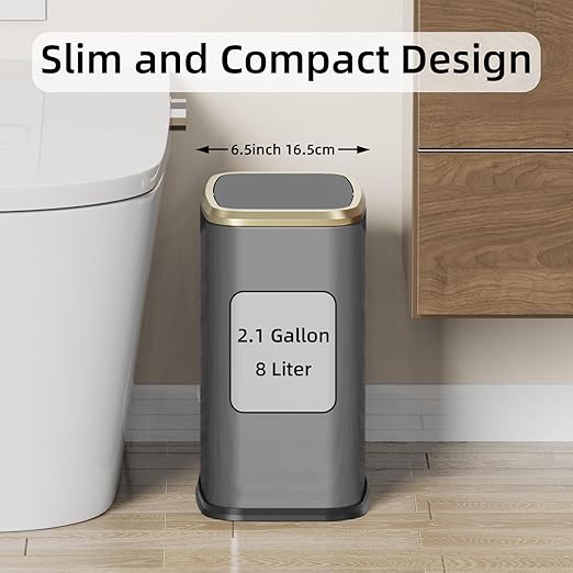 8L/2.1 Gal Small Bathroom Trash Can with Lid Swing-Top Rectangular Waste Bin Stainless Steel Garbage Can for Home Office Toilet Bedroom Living Room (Titanium Black)