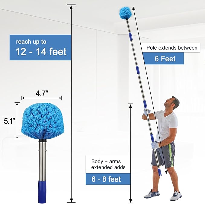 Duster Cobweb Duster with Extension Pole Medium Stiff Bristles Cobweb Duster Head &amp 6-Feet Stainless Steel Pole Ceiling Fan Duster for Outdoor Indoor Cleaning