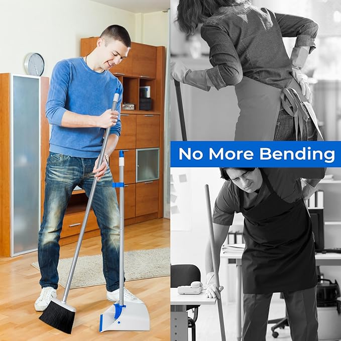 Broom and Dustpan Set with Long Handle 52 Standing Broom and Dust Pan Set for Home Kitchen Room Office Lobby Blue