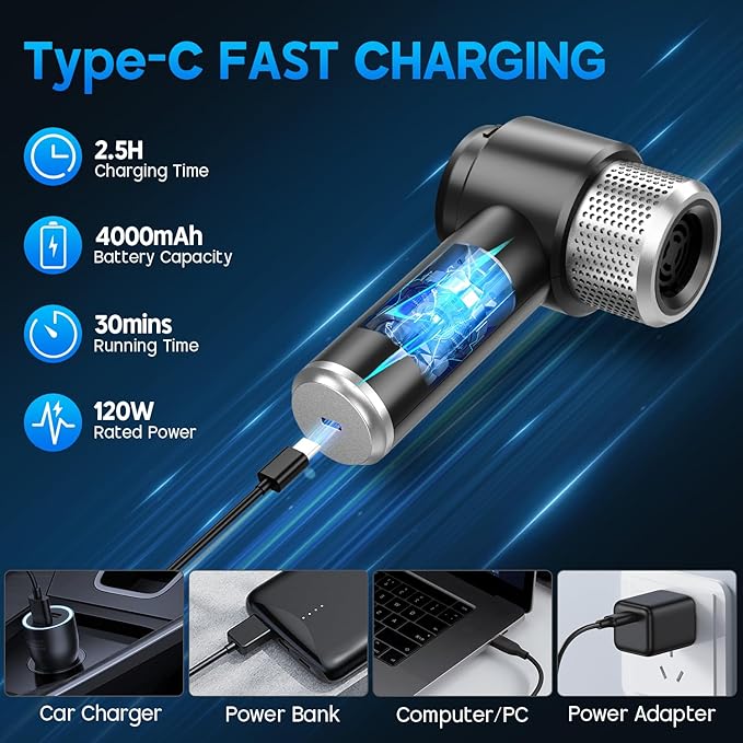 JONYJ Handheld Car Vacuum Cleaner 16000PA Hand Held Vacuum Portable Cordless 2 in 1 Air Duster and Vacuum Cleaner with LED Light Multi-Nozzles 120W High Power Mini Vacuum for Home Pet Office