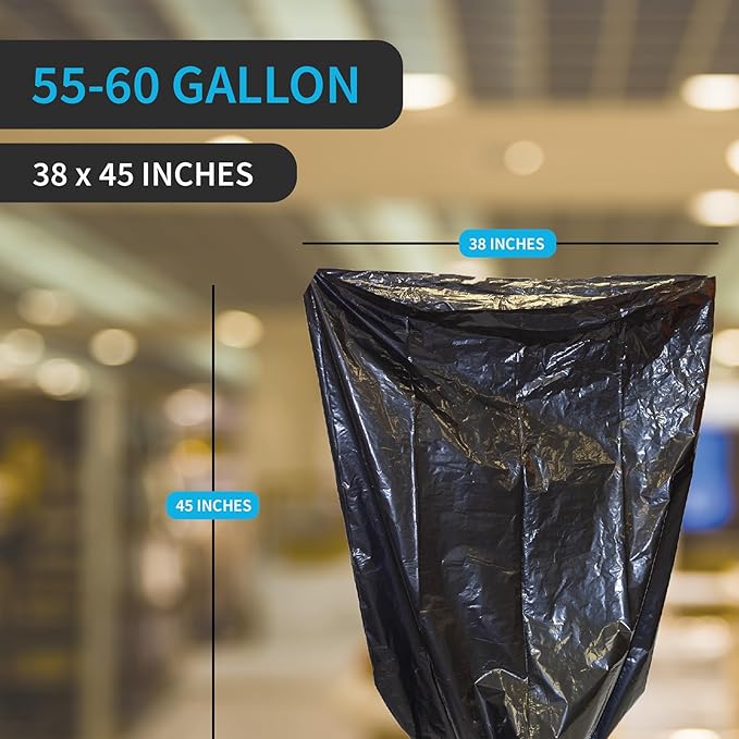 Industrial Grade 50 Count Black Trash Bags 55-60 Gallon 2.0 Mil 36 x 58 Extra Strength Heavy Duty Tear and Puncture Resistant No Ears Unscented Durable No Ties Made in USA