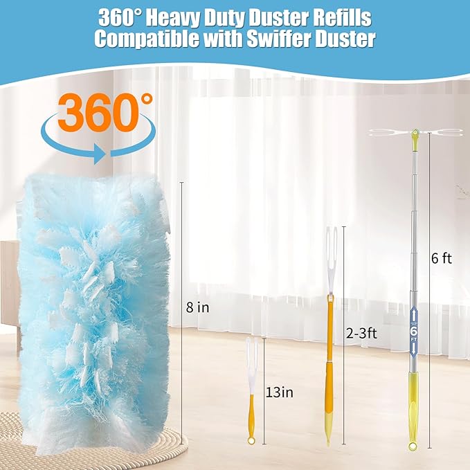 40 Count 360° Heavy Duty Duster Refills Compatible with Swiffer Large Size-Extra Thick Disposable Electrostatic Duster Refill with 1 Short Handle for Furniture Blinds Ceiling Fans