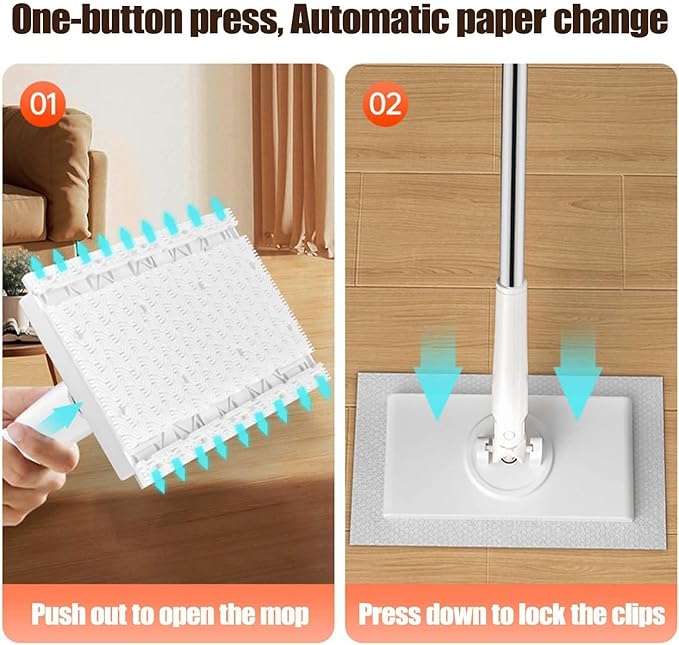 Snap Fit Grip Mini Mop Zero Touch Mini Mop Retractable Gap Dust Cleaner Flat Mops with Locking Head &amp Sweeping Cloths 100cm Long Handle Mopping Sweeper Stick for Multi Cleaning (White)