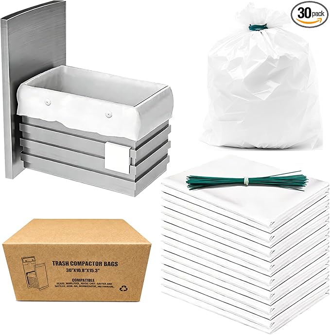 Heavy Duty Trash Compactor Bags for Kitchen Leak Proof 2.6 MIL Thickened Garbage Compactor Bags Compatible with Whirlpool Kenmore Jenn-Air 15 inch Rectangular Drawer Compactors - 30 pack