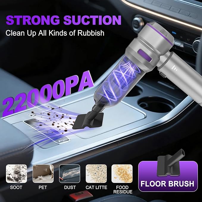 Handheld Car Vacuum Cordless 22000PA Strong Suction Mini Vacuum Cleaner with Brushless Motor 4-in-1 Portable Vacuum for Car Detailing Home Office &amp Travel Silver Purple