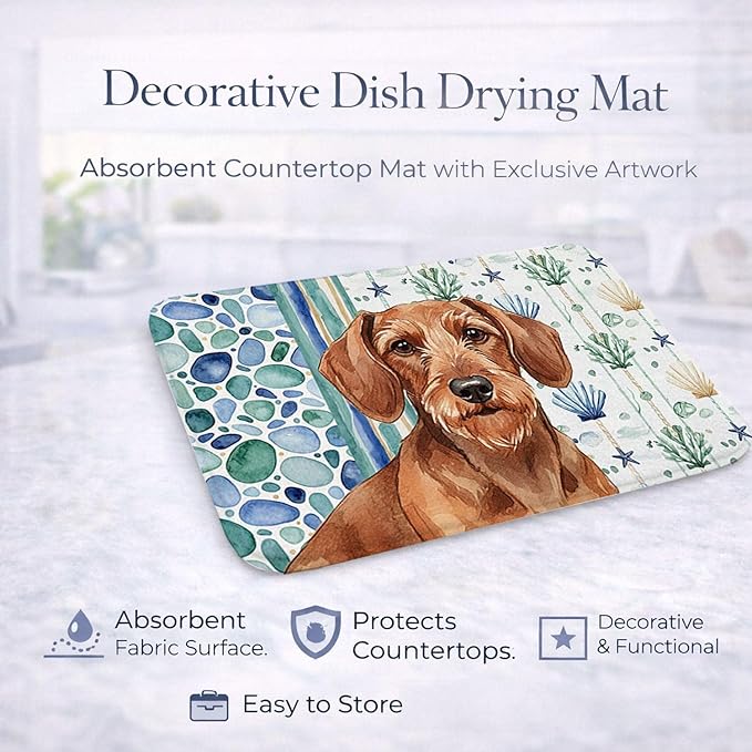 Caroline's Treasures Wirehaired Red Dachshund Coastal Sea Glass Dish Drying Mat Absorbent Dish Drying Mat Pad for Kitchen Counter Dish Drainer Mat for Countertop 14 x 21 Multicolor