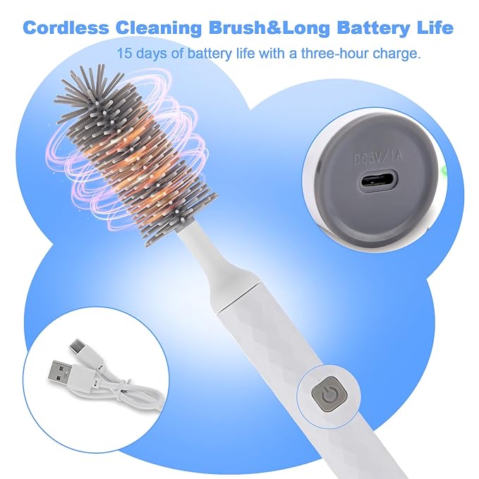Rechargeable Electric Bottle Brush Cleaner Set with 3 Piece Silicone Baby Bottle Brush Cleaner and Straw Cleaner BrushBPA FreeWaterproofPerfect Baby Registry GiftWhite