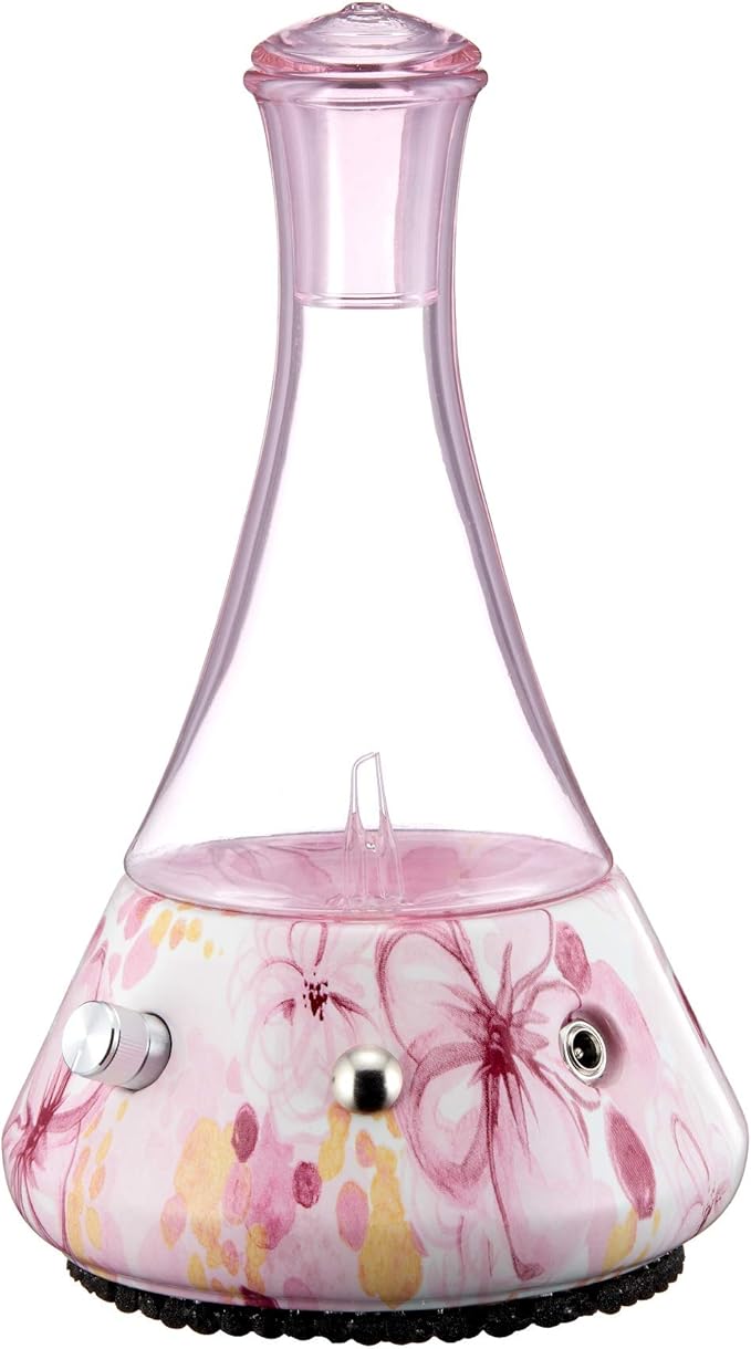 Opulence - Nebulizing Diffuser for Essential Oil/Aromatherapy with Pink Floral Ceramic Base and Pink Hand-Blown Glass with Touch Sensor Light Switch - No Heat No Water No Plastic