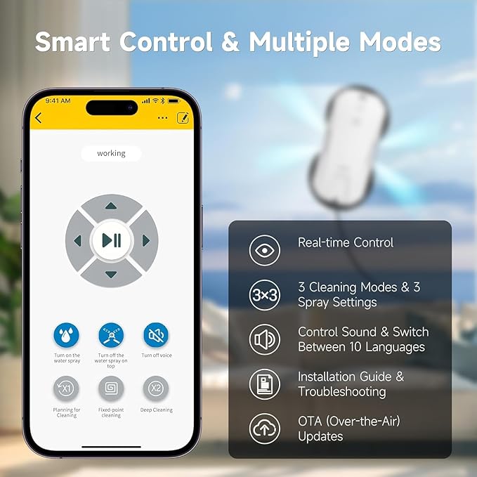FMART T11 Window Cleaning Robot Auto 4-Way Water Spray 5300Pa Strong Suction High-Speed Cleaning &lt60dB Ultra-Quiet 60mm Slim Window Robot Smart Navigation Anti-Drop &amp 50min UPS Protectio