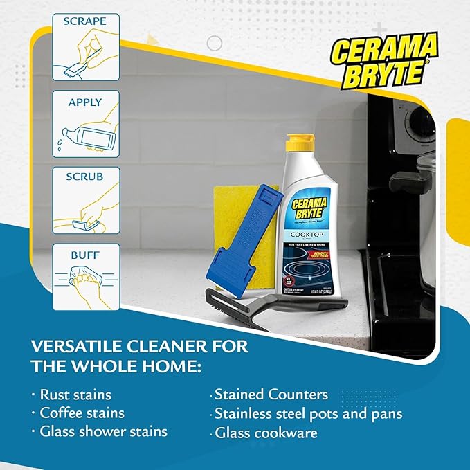 Cerama Bryte Complete Cooktop Cleaning Kit 10 Cleaner Pads 1 POW-R Grip Tool 1 Scraper and 1 Microfiber Cloth 28 Fl Oz