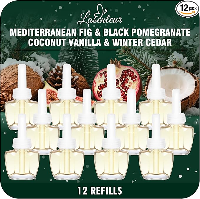 Plug in Air Freshener Refills 12 Pack – Mediterranean Fig Black Pomegranate Coconut Vanilla &amp Winter Cedar Scents for Bathroom &amp Home – Compatible with Air Wick &amp Glade Not Include Glad