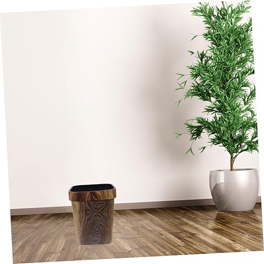Square Plastic Wastebasket with Faux Wood Grain Finish Lidless Capacity Trash Bin for Home Office Easy to Clean Stylish Farmhouse Rubbish Can