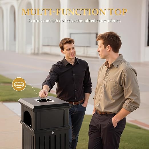 Black Stainless Steel Commercial Trash Can with Locking Lid Heavy Duty Outdoor/Indoor Waste Container Perforated Steel Panels Removable Inner Bucket for Patio Park Garden-35.5x15.8x15.8in