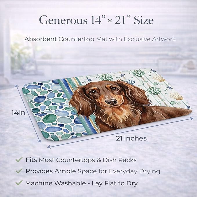 Caroline's Treasures Longhaired Chocolate and Tan Dachshund Coastal Sea Glass Dish Drying Mat Absorbent Dish Drying Mat Pad for Kitchen Counter Dish Drainer Mat for Countertop 14 x 21 Multicolor