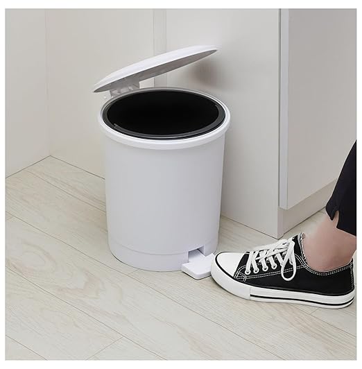 1.5 Gallon Step Trash Can - Round White Bathroom Bin with Liner - Small Wastebasket for Bedroom Office Kitchen - Durable Plastic &amp Foot Pedal Operation